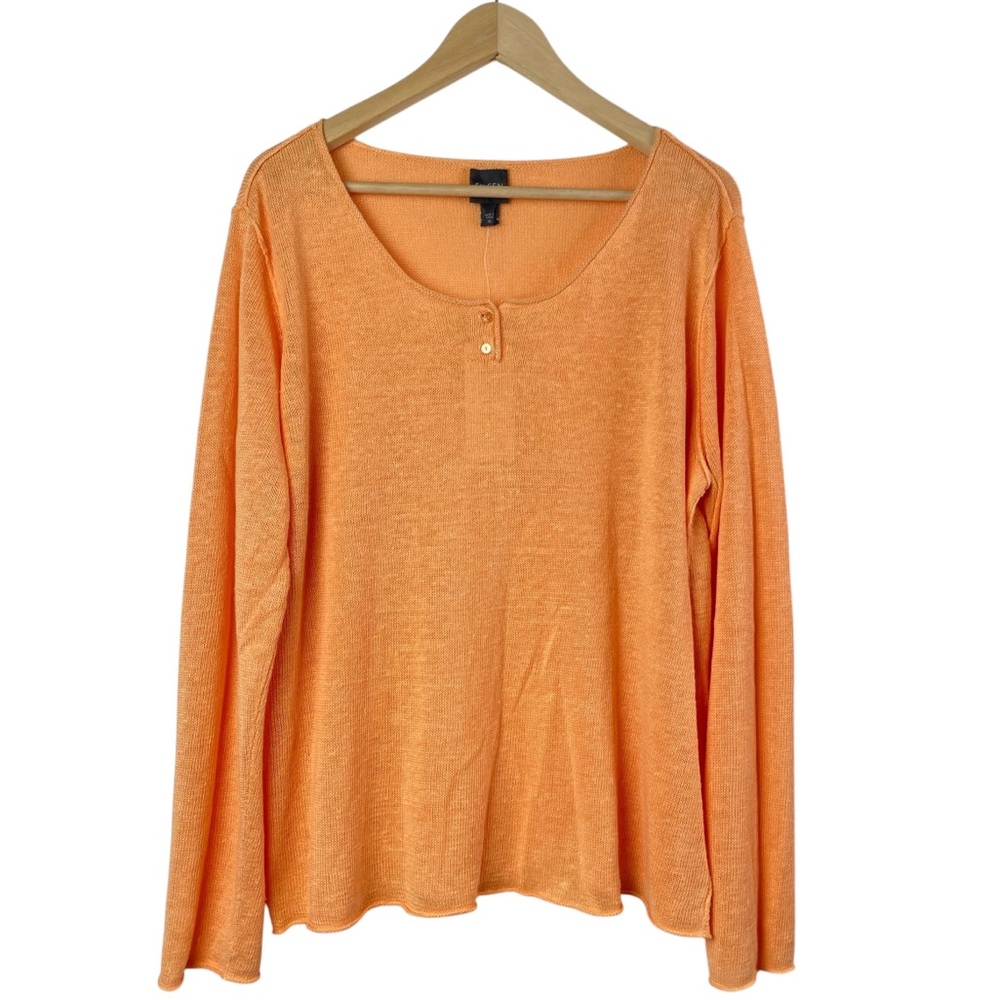 Eileen Fisher Linen Scoop Neck Henley Long Sleeve Top in Melon Size XL NEW